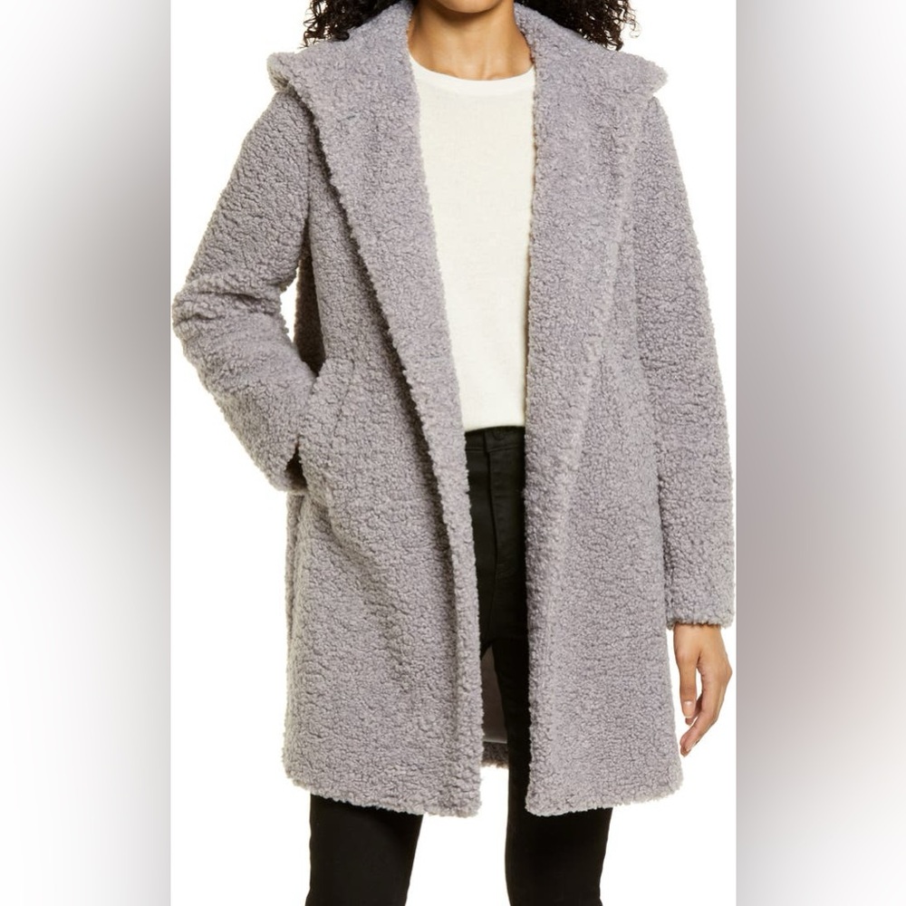 Sam Edelman Hooded Faux Shearling Teddy Coat Women’s Large Gray Knee Length